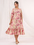 Janasya Women's Pink Pure Cotton Floral Printed A line Dress